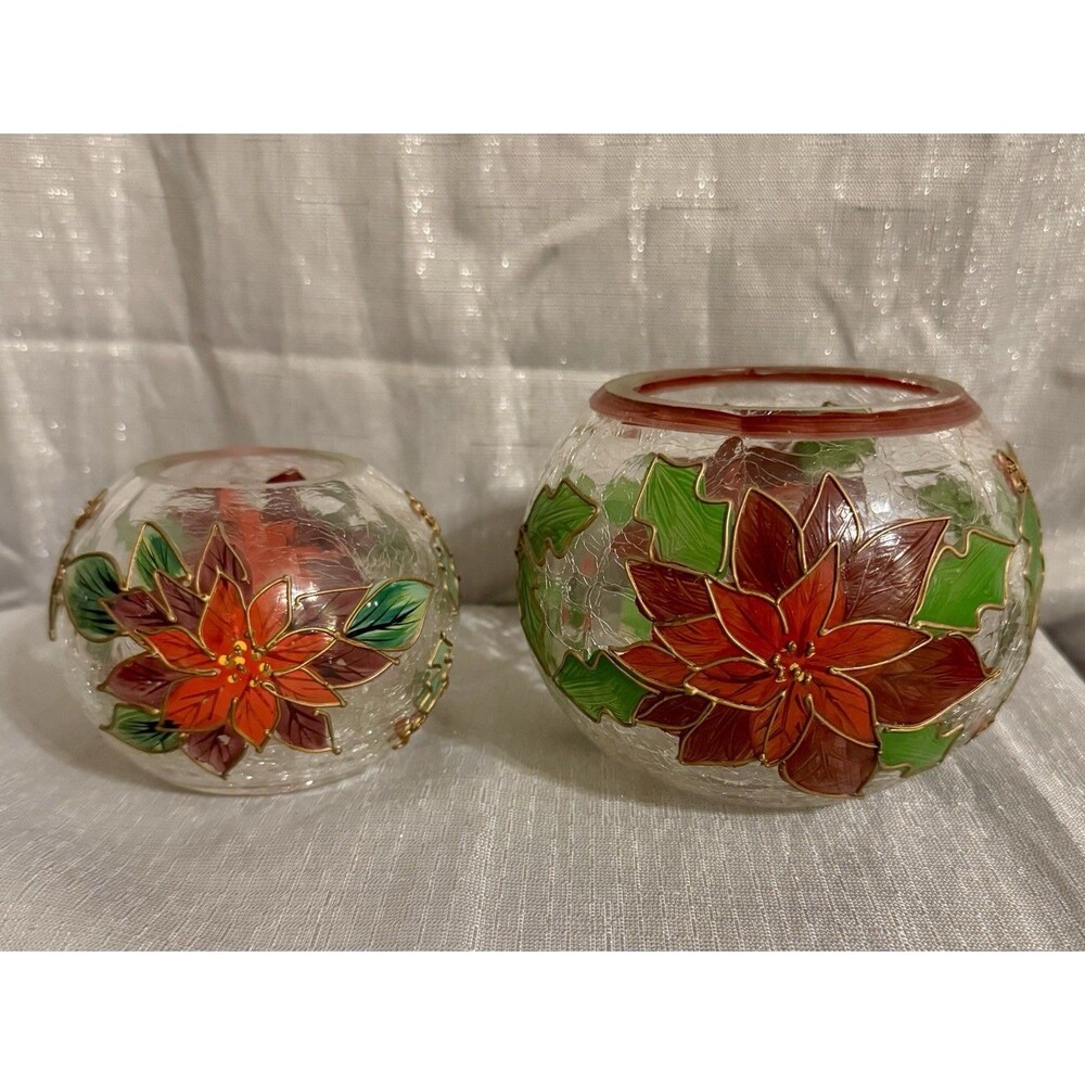2 CELEBRATIONS VOTIVE MOUTH-BLOWN, HAND PAINTED POINSETTIA CRACKLE GLASS SM & MD